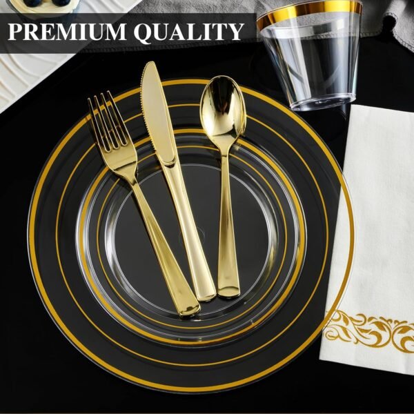 FOCUSLINE 350 Clear Gold Dinnerware Set for 50 Guests, Clear Plastic Plates with Gold Rim Disposable Heavy Duty, Including 50 Dinner Plates, 50 Dessert Plates, 50 Napkins, 50 Cups, 50 Silverware Set - Image 5