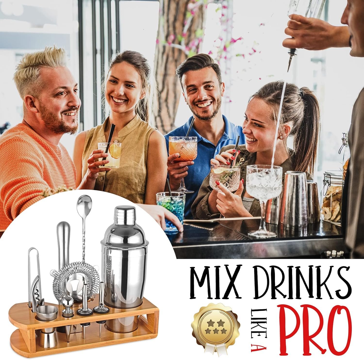 Cocktail Shaker Set Bartender Kit : 12-Piece Bar Tool Set with Bamboo Stand | Bar Set with All Practical Bar Accessories, for Drink Mixing, Bar, Home, Lounge & Party (Silver) - Image 6