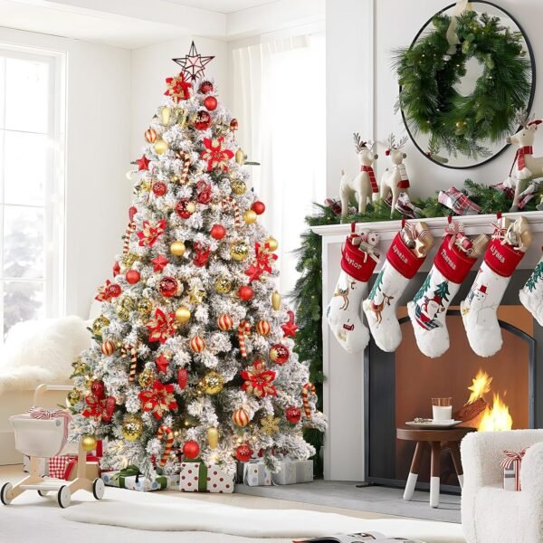 128pcs Christmas Balls Ornaments Set, Shatterproof Plastic Baubles Christmas Flowers, Ribbon and Tree Topper for Xmas Tree Holiday Wedding Party Decorations with Hanging Strings, Red and Gold - Image 9