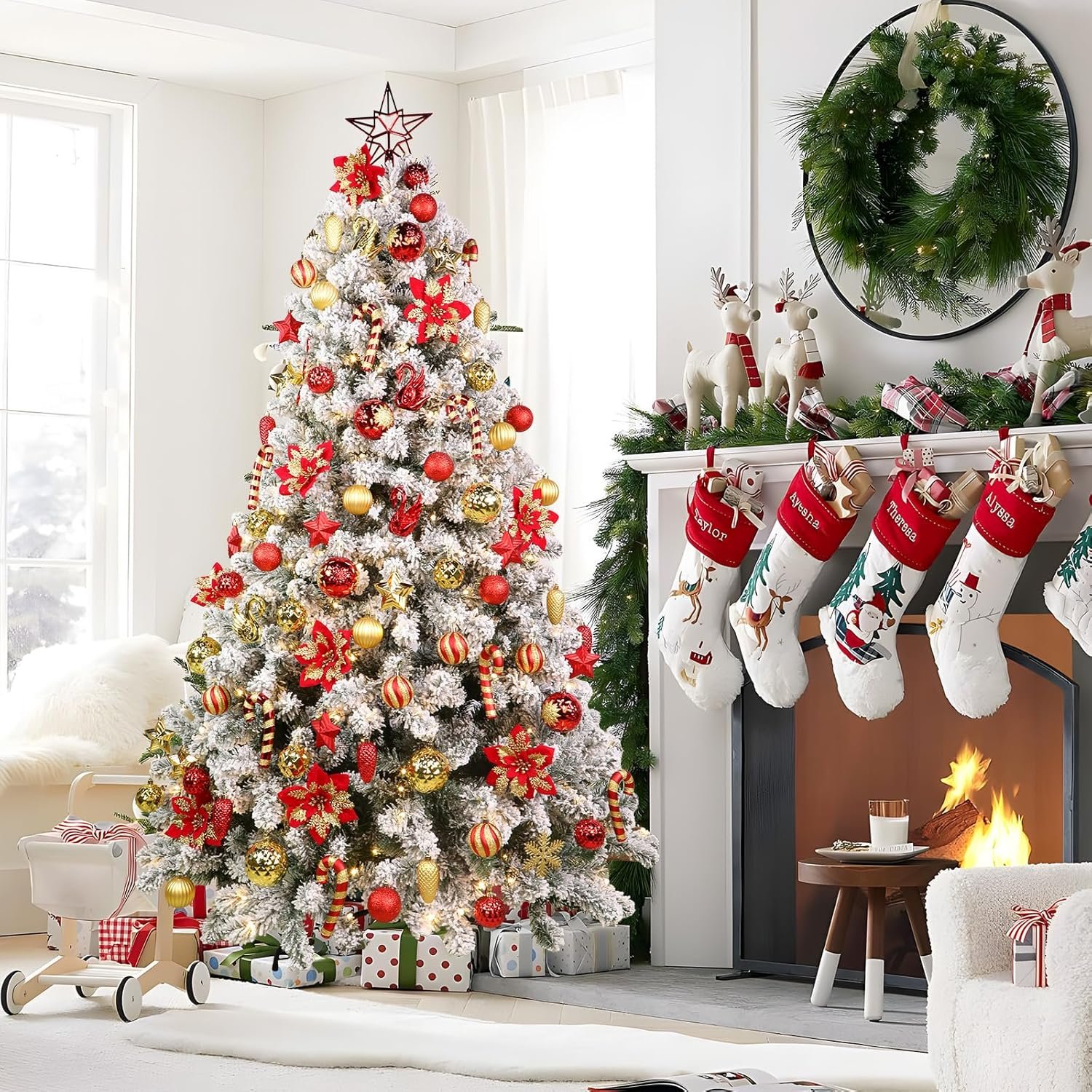 128pcs Christmas Balls Ornaments Set, Shatterproof Plastic Baubles Christmas Flowers, Ribbon and Tree Topper for Xmas Tree Holiday Wedding Party Decorations with Hanging Strings, Red and Gold - Image 9