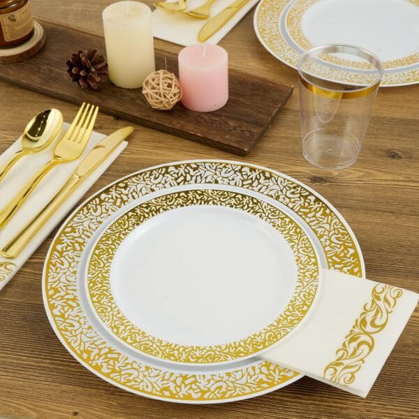 FOCUSLINE 350pcs Gold Dinnerware Set for 50 Guests, Gold Lace Plastic Plates Disposable Heavy Duty, Including 50 Dinner Plates, 50 Dessert Plates, 50 Cups, 50 Napkins, 50 Silverware Set - Image 7