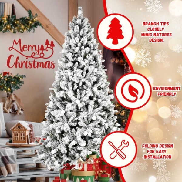 8FT Prelit Flocked Christmas Tree with 470 Two Color LED Lights and 45 Colorful Bauble Lights, 10 Flashing Modes, Pre Lit Artificial Christmas Tree with Snow and Memory Wire Technology for Holiday - Image 7