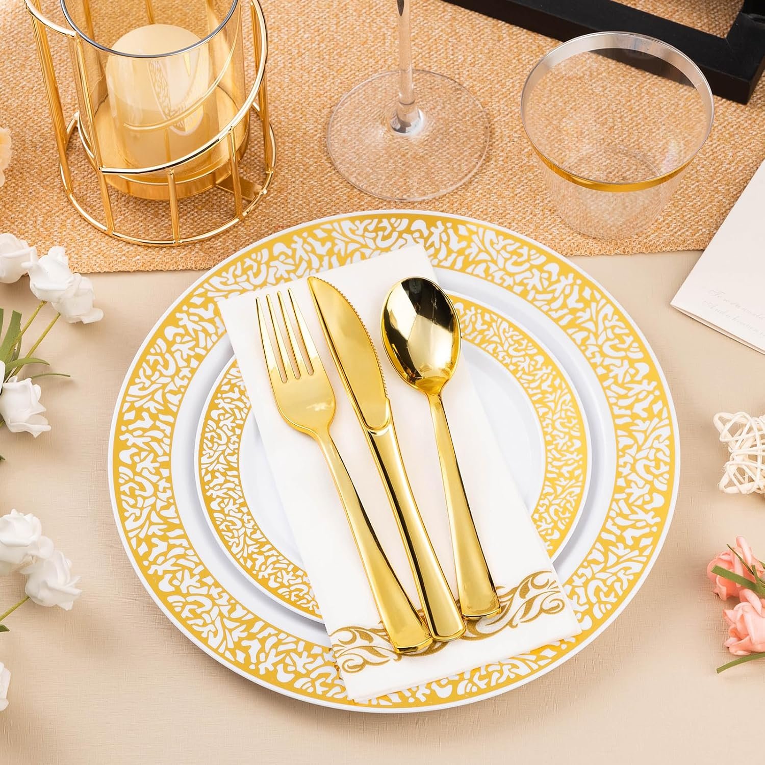 700PCS Gold Plastic Dinnerware Set for 100 Guests, Disposable Plates for Party, Includes: 100 Dinner Plates, 100 Dessert Plates, 100 Gold Silverware Set, 100 Cups, 100 Napkins - Image 4