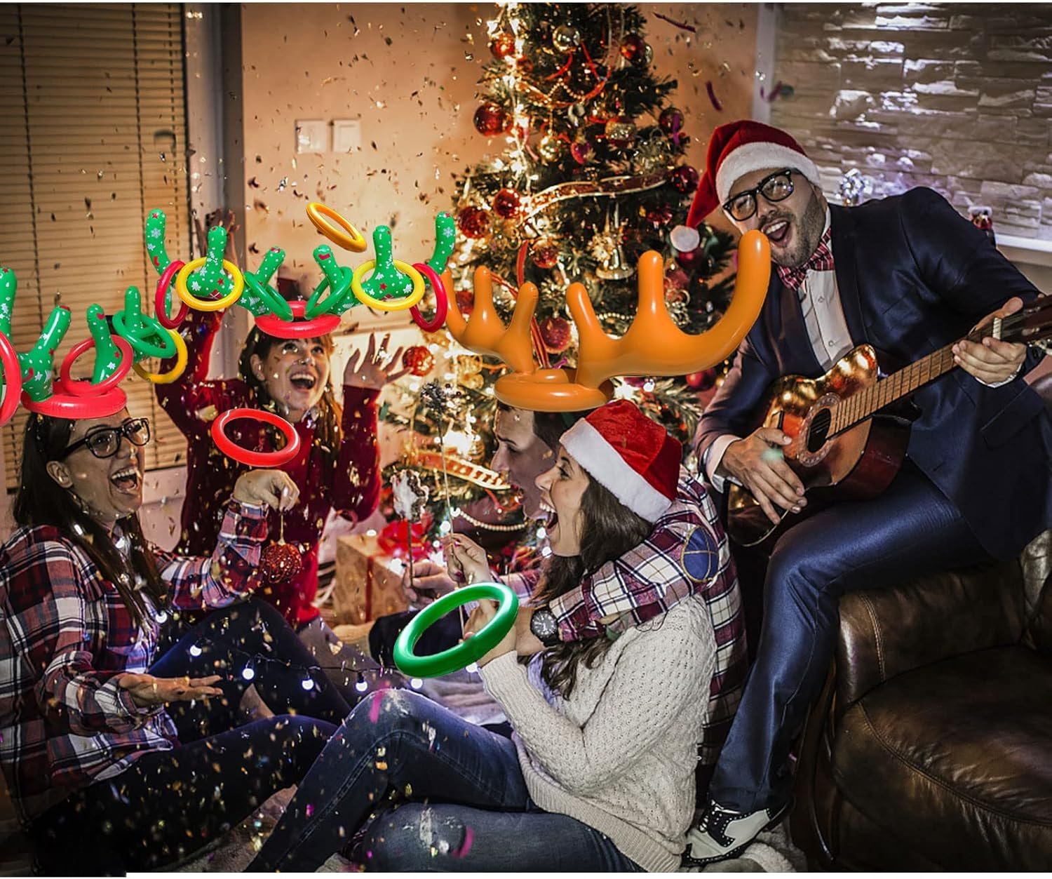 4 Sets Christmas Inflatable Reindeer Antler Ring Toss Game School Family Favors Party Gift Supplies Outdoor Indoor Toy (24 Rings with 4 Reindeer Noses) - Image 6