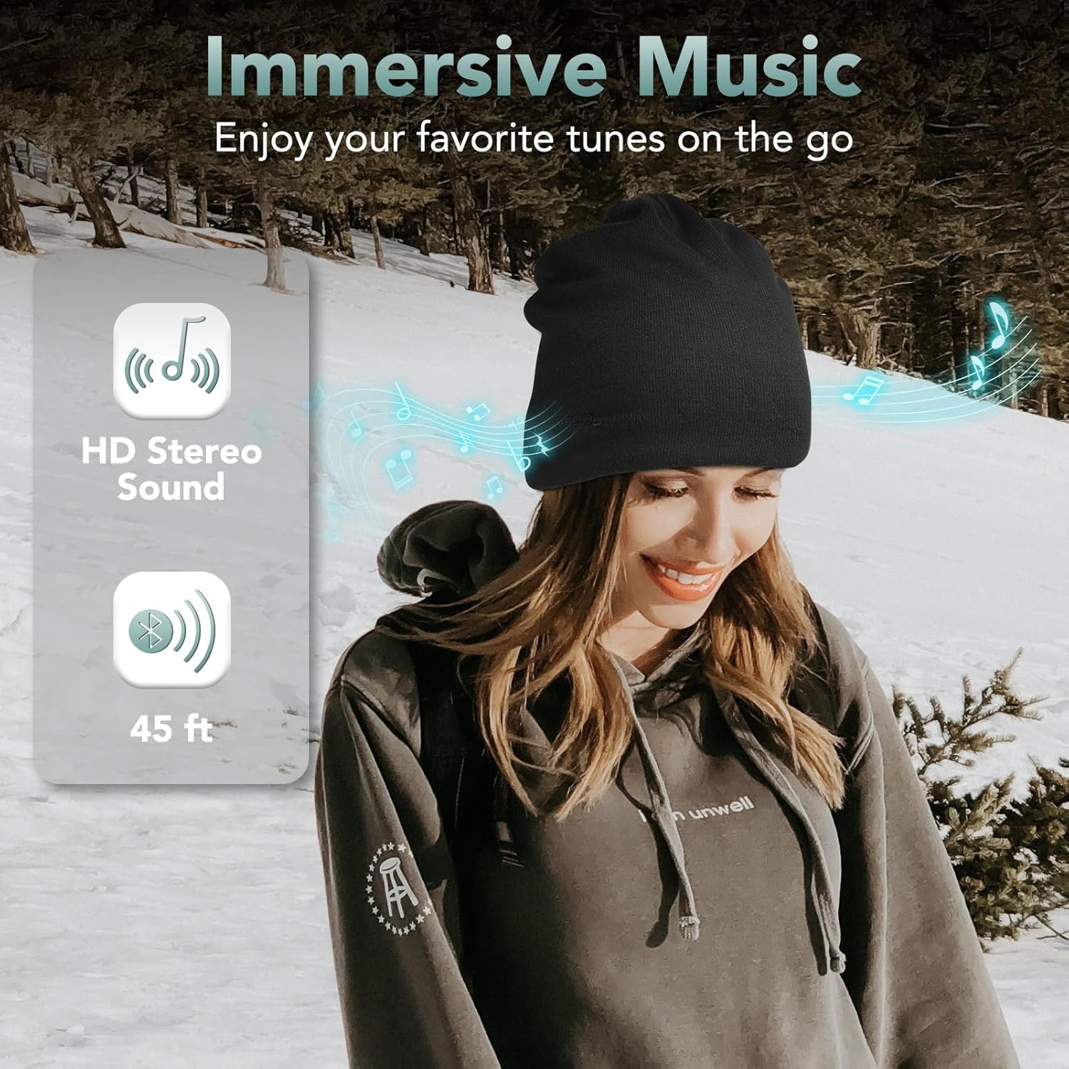 2024 Bluetooth Beanie, Wireless Beanie Headphones, Stylish Sleek Shape Bluetooth Hat, HD Stereo Sound, Built-in Mic, Tech Gifts for Men Women Friends Family Teens Boys Girls (Black) - Image 4