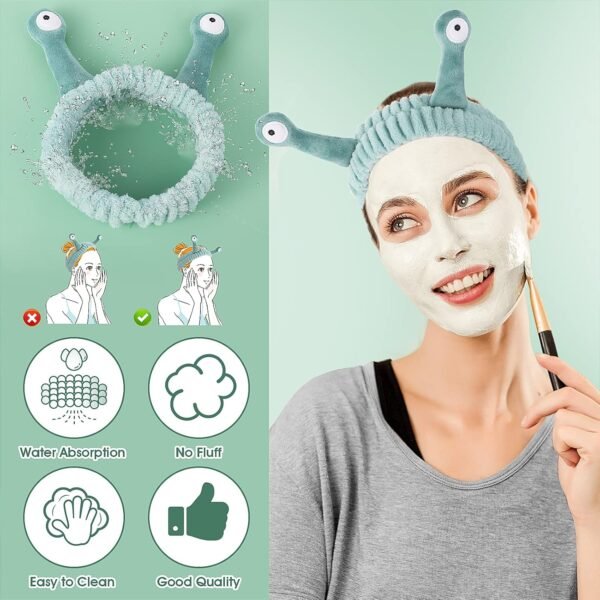 Molain Face Wash Headband, Palm and Snail Spa Hair Bands Makeup Headbands Women Cartoon Cute Coral Fleece Elastic Headband Creative Hair Accessories for Washing Face Shower Beauty Skincare - Image 5