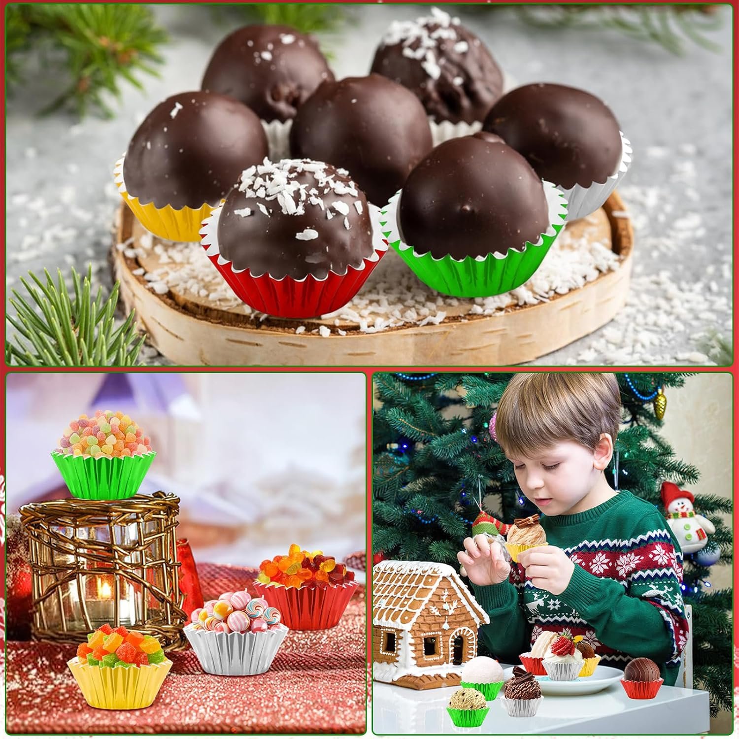 AUGSUN 400pcs Christmas Mini Foil Cupcake Liners Golden Red Green Silver Cupcake Baking Cups Metallic Mini Muffin Cupcake Wrappers for Xmas Holiday Party Cake Candy Chocolate Decorations Supplies - Image 7