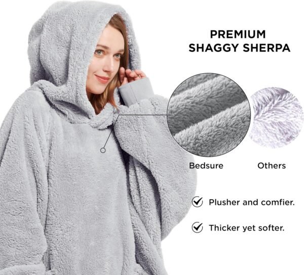 Bedsure Wearable Blanket Hoodie Gifts for Women - Cozy Sherpa Hoodie Blanket for Adult Men, Warm Hooded Blanket Sweatshirt, Grey - Image 3