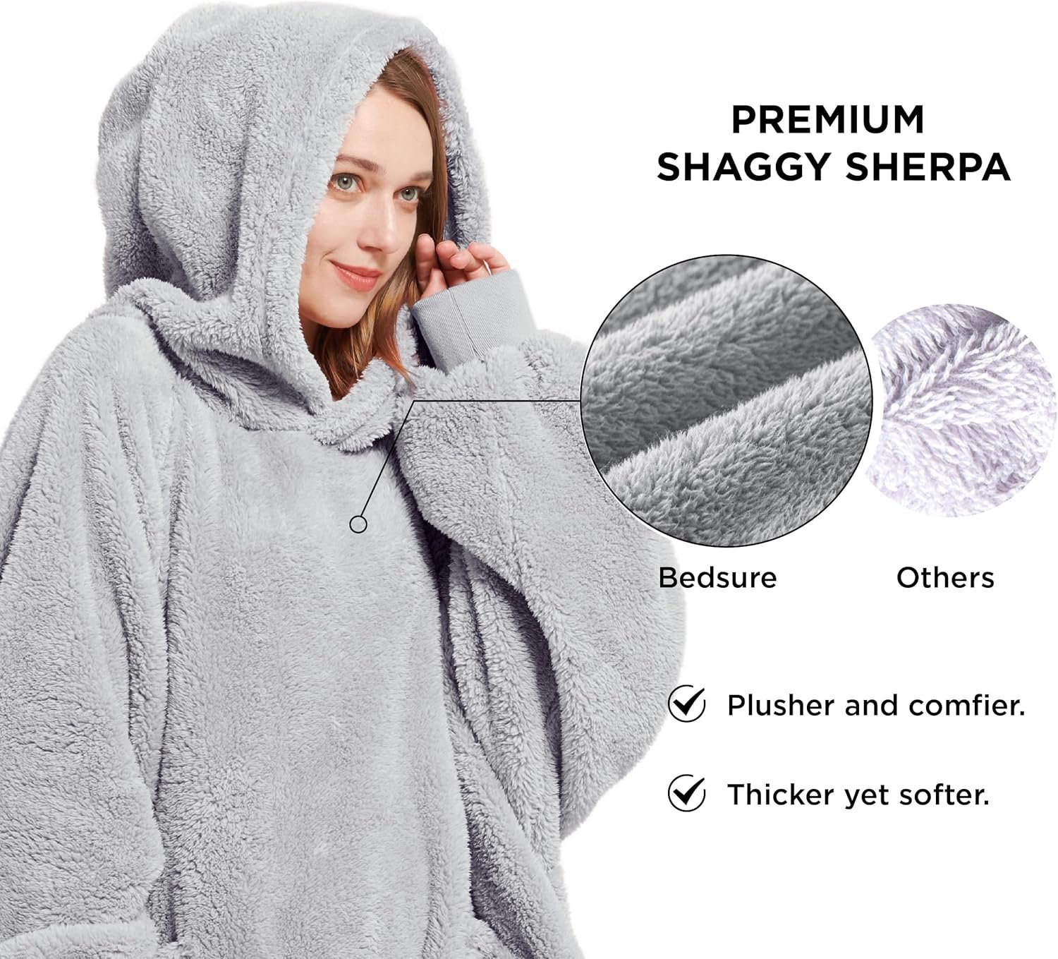 Bedsure Wearable Blanket Hoodie Gifts for Women - Cozy Sherpa Hoodie Blanket for Adult Men, Warm Hooded Blanket Sweatshirt, Grey - Image 3