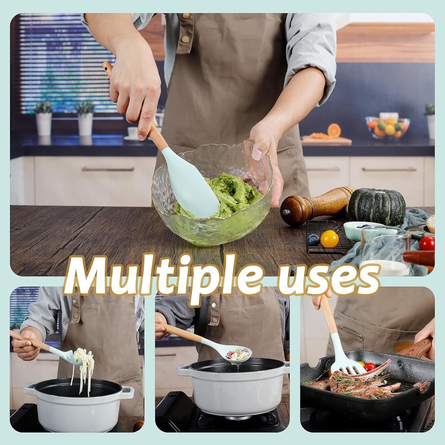 QMVESS Silicone Kitchen Utensils Set, 35 Pcs Non-Stick Cooking Utensils Set, Sturdy Insulation Wooden Handle Kitchen Accessories for Cooking with Spatula Set and Spoons Set Gadgets (Light Green) - Image 7
