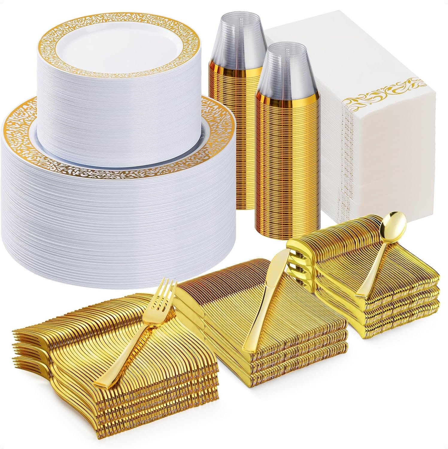 700PCS Gold Plastic Dinnerware Set for 100 Guests, Disposable Plates for Party, Includes: 100 Dinner Plates, 100 Dessert Plates, 100 Gold Silverware Set, 100 Cups, 100 Napkins - Image 2
