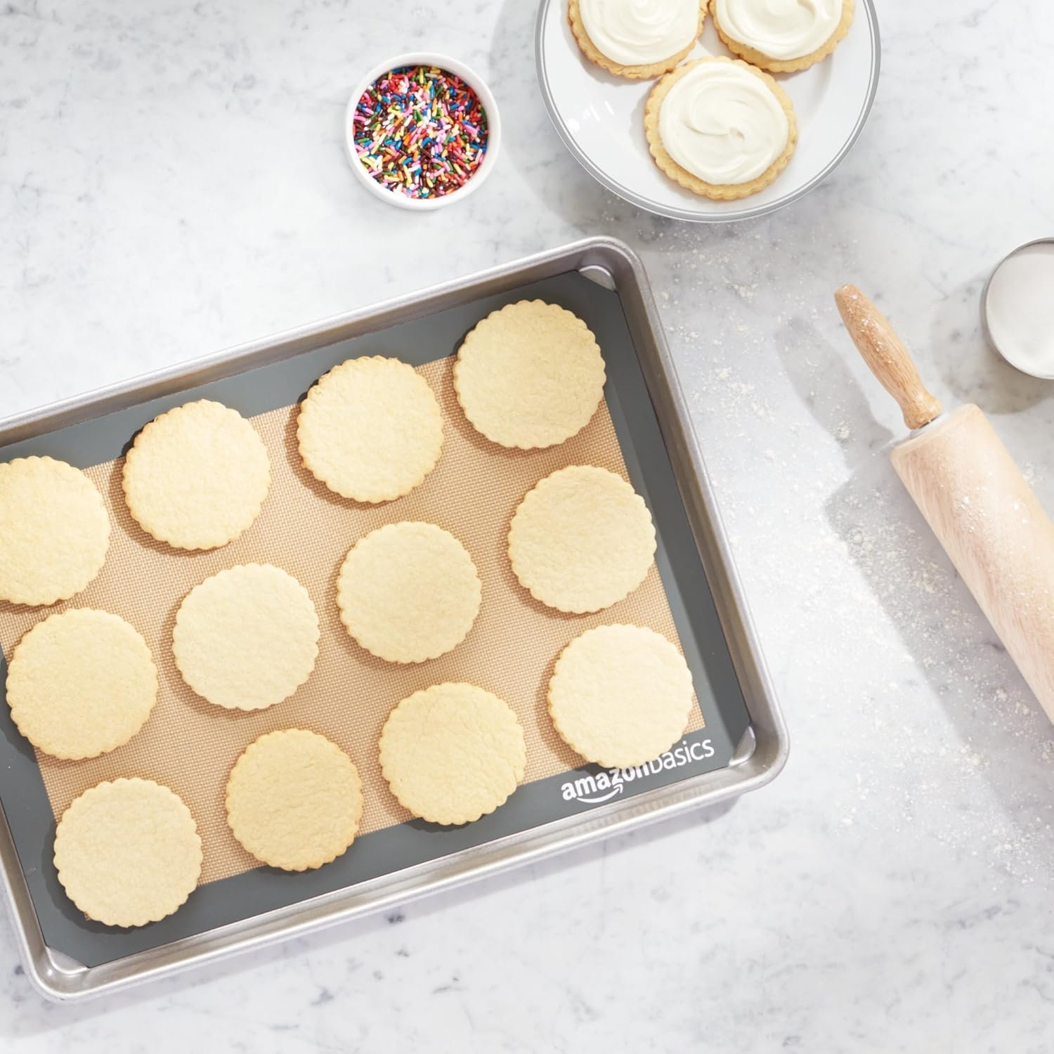 Amazon Basics Rectangular Silicone, Non-Stick Reusable, Food Safe Baking Mat, Pack of 2, 16.5" x 11.6", New Beige/Gray - Image 8