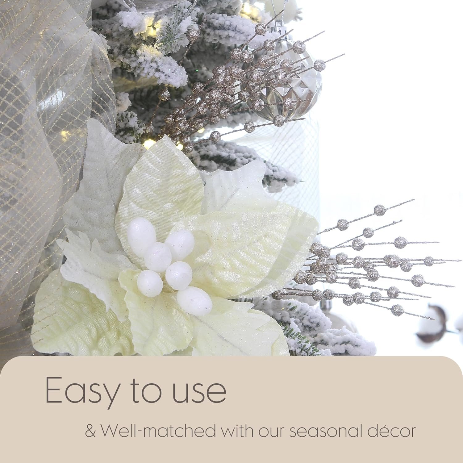 Sea Team 24-Pack Artificial Glitter Berry Stem Ornaments, Decorative Bead Sticks, Glittery Twigs, Picks, Branches for Christmas Tree, Small Vase, Holiday, Wedding, Party (17 Inches, Champagne) - Image 5