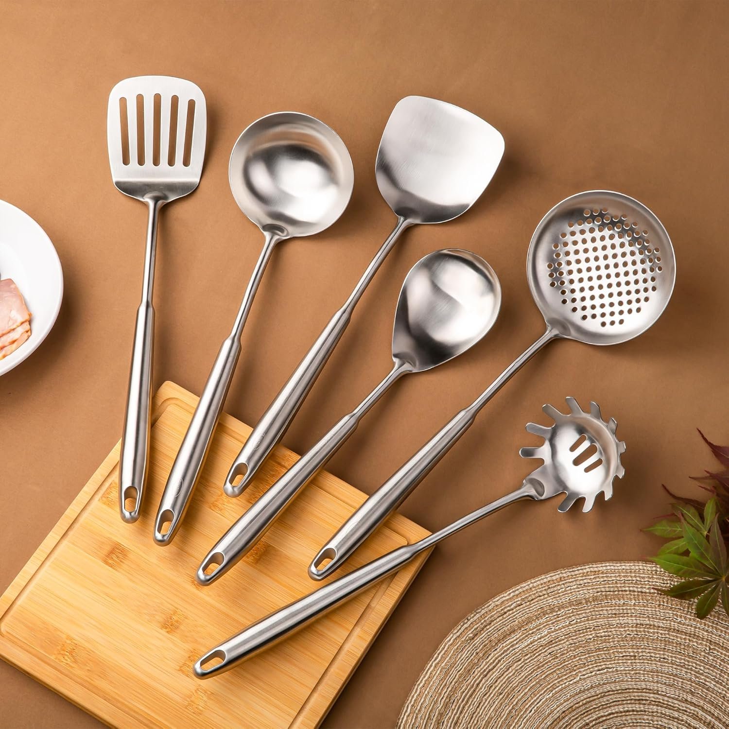 FJNATINH 6-Pieces 304 Stainless Steel Wok Spatula Set,Cooking Utensil Set,Soup Ladle Colander,Nonstick Kitchen Cooking Utensils Set with Spatula,Kitchenware Tools - Image 3
