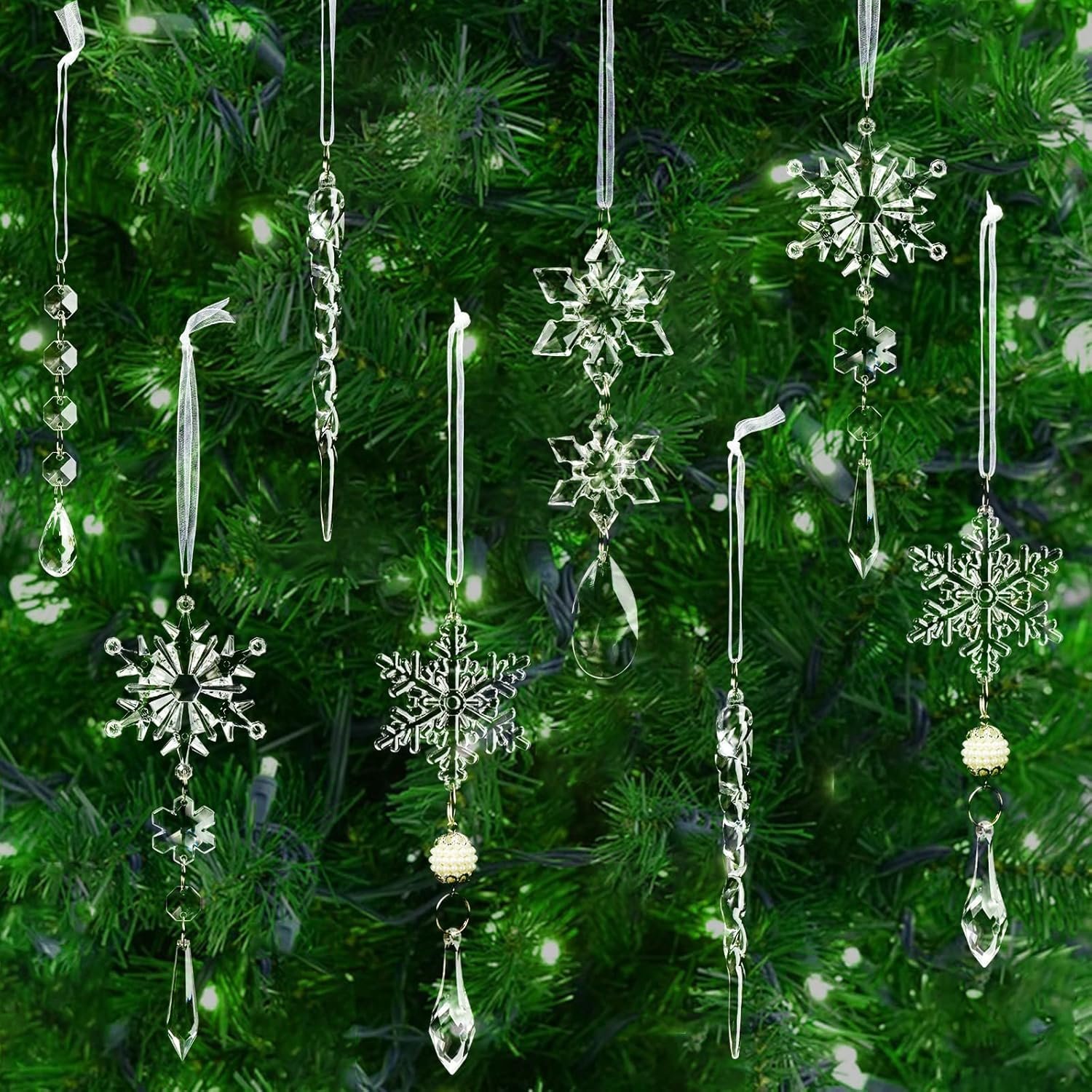 18pcs Christmas Tree Decoration Crystal Ornaments - Hanging Acrylic Christmas Snowflake Icicle Drop Crystal Ornaments for Christmas Tree Winter New Year Party Supplies - Image 7