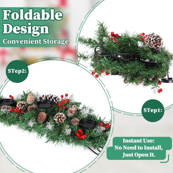 31.5” Christmas Centerpiece with 3 Candle Holders, Artificial Table Decorations with Pine Cones/Red Berries/Steel Base, Christmas Decorations Indoor, Xmas Tabletop Decor for Festival Home Decoration - Image 6
