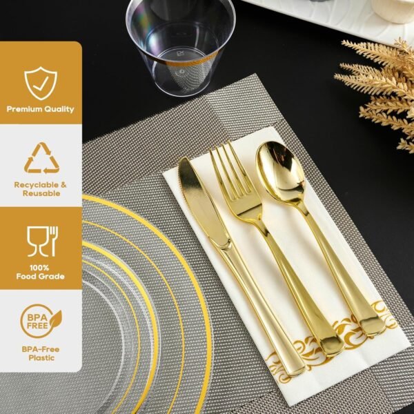 FOCUSLINE 350 Clear Gold Dinnerware Set for 50 Guests, Clear Plastic Plates with Gold Rim Disposable Heavy Duty, Including 50 Dinner Plates, 50 Dessert Plates, 50 Napkins, 50 Cups, 50 Silverware Set - Image 4