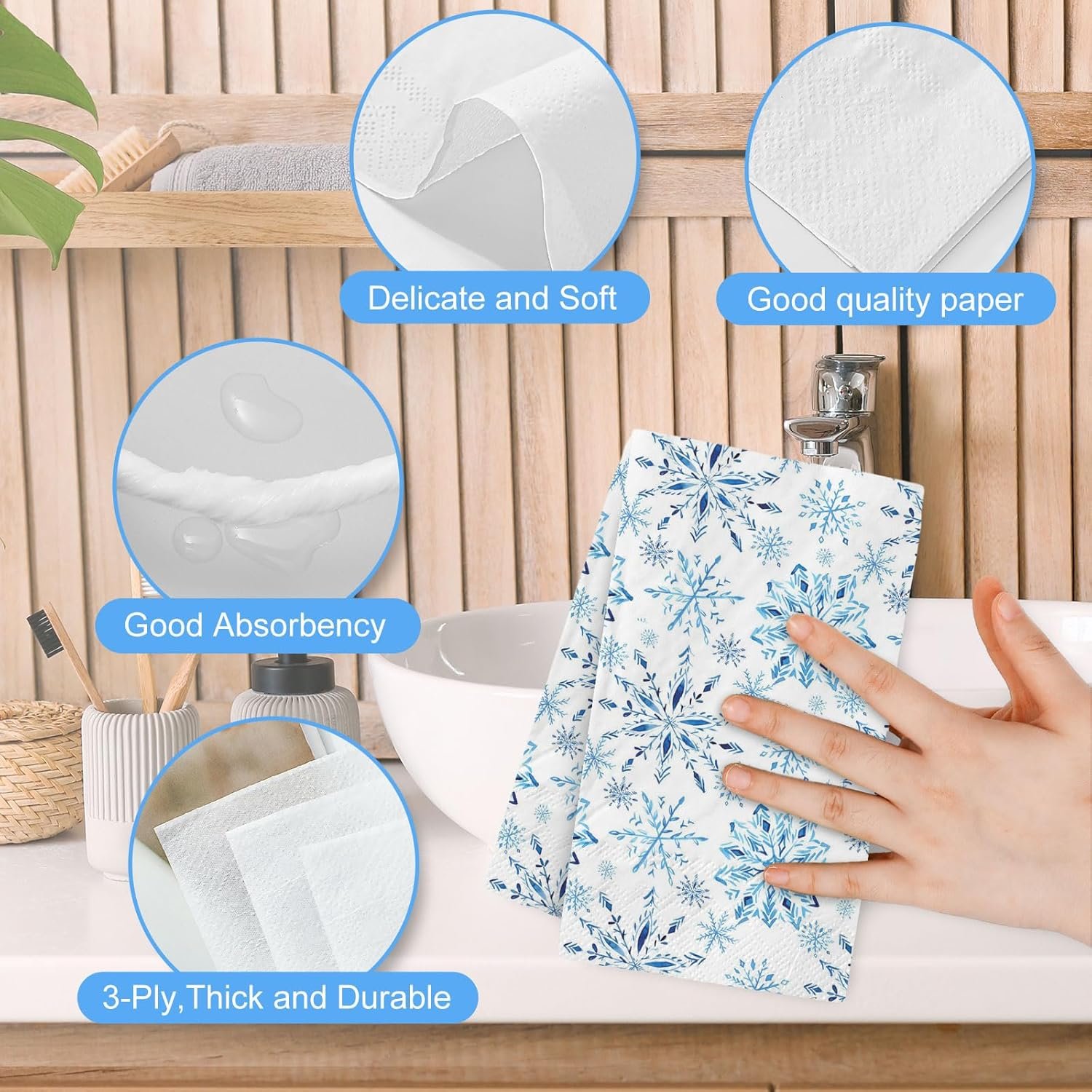 200Pcs Christmas Snowflake Guest Napkins Watercolor Blue Snowflake Disposable Napkins Winter Xmas Dinner Hand Towel Paper Napkins for Bathroom Wedding Holiday Party Table Supplies - Image 8