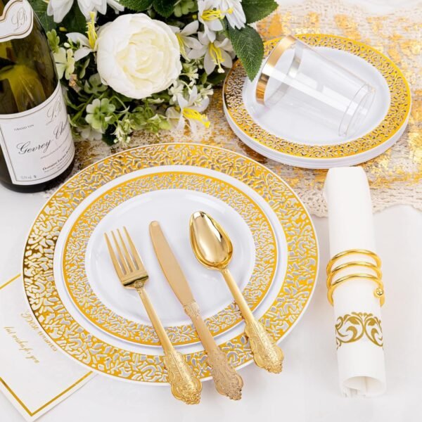 bUCLA 350PCS Gold Plastic Dinnerware Set for 50 Guests - Gold Plastic Plates Disposable for Party Include 100 Plates,50 Forks, 50 Knives, 50 Spoons,50 Cups,50 Napkins for Thanksgiving - Image 6