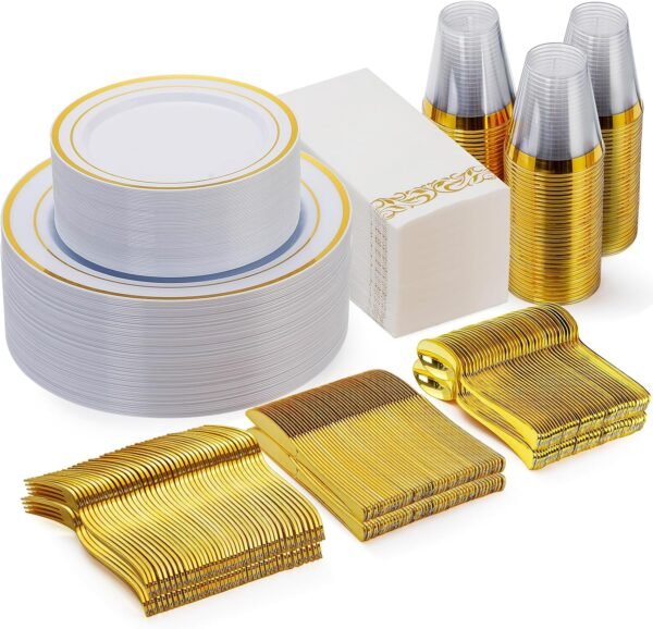 Goodluck 350 Piece Gold Dinnerware Set for 50 Guests, Plastic Plates Disposable for Party, Include: 50 Gold Rim Dinner Plates, 50 Dessert Plates, 50 Paper Napkins, 50 Cups, 50 Gold Silverware Set - Image 2