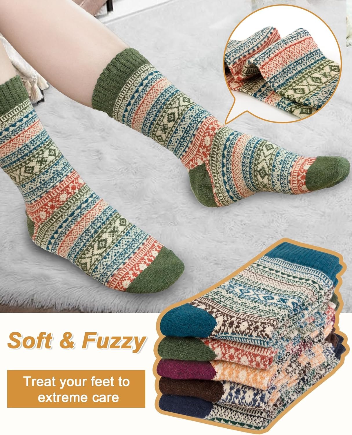 5 Pack Womens Wool Socks Winter Warm Socks Thick Knit Cabin Cozy Crew Soft Socks Hiking Athletic Socks Gifts for Women - Image 4