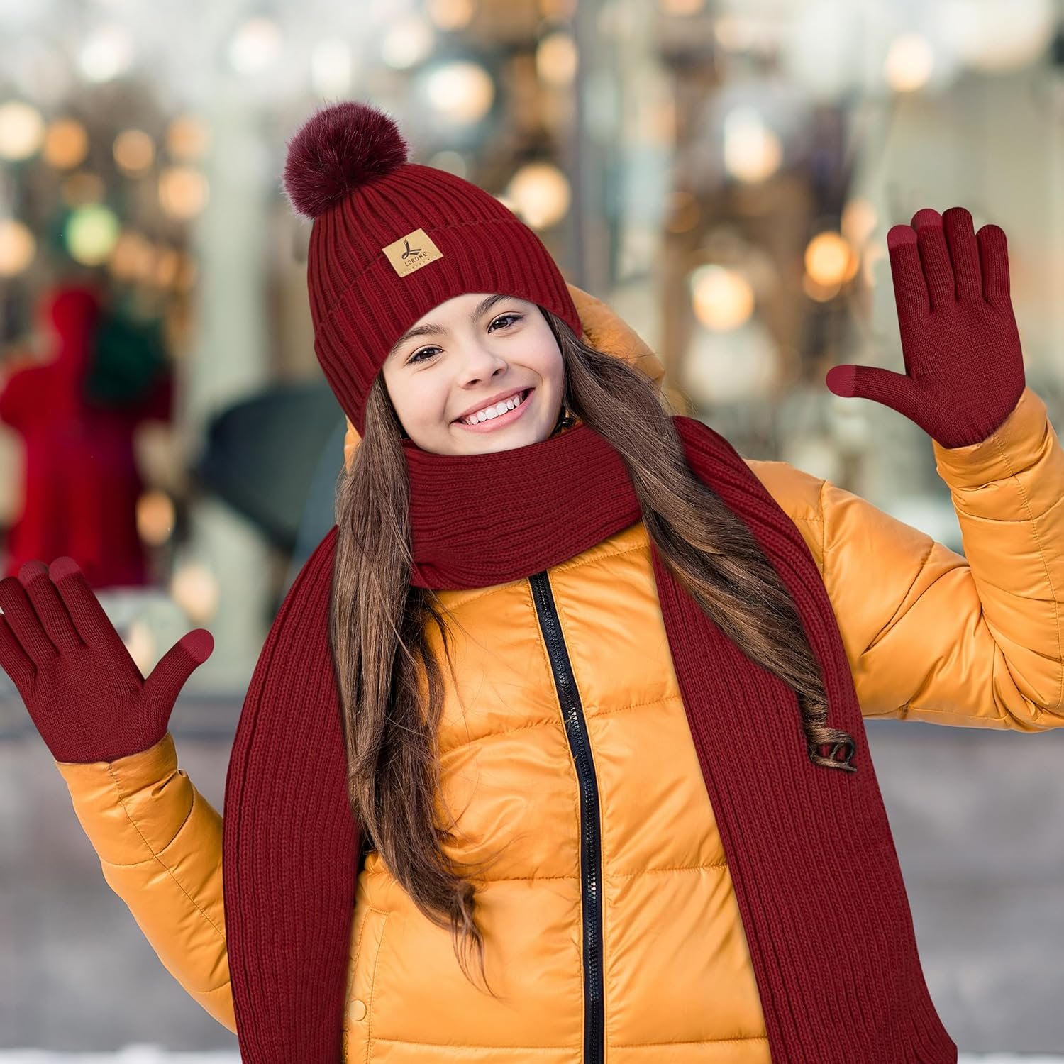 LOROME Women Winter Beanie Hat Scarf Gloves Set, Fleece Knitted Pompom Hat Warm Neck Scarf Touchscreen Gloves Winter Gift - Image 8