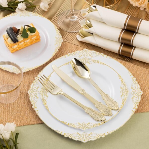 350PCS Gold Plastic Plates for 50 Guests, Disposable Dinnerware Sets Include 100 Gold Rim Plastic Plates, 50 Silverware, 50 Pre Rolled Napkins for Party, Wedding, Birthday and Thanksgiving - Image 6