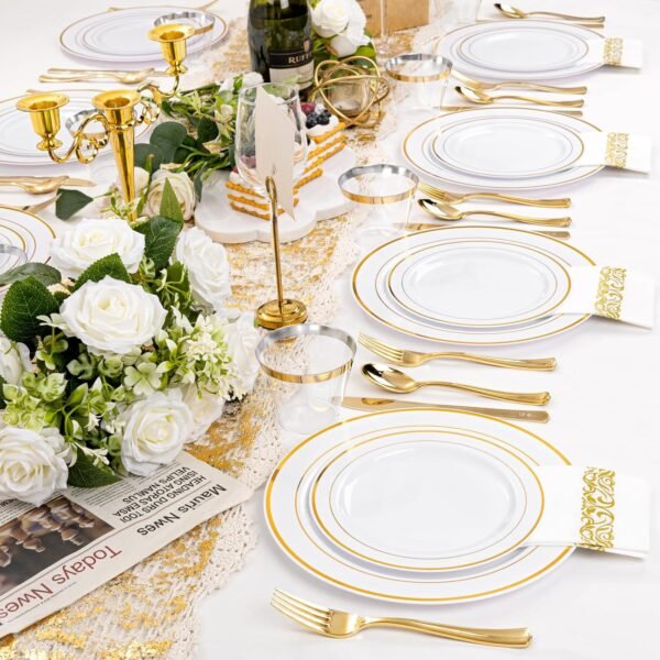 350 Pcs Gold Dinnerware Set, Plastic Plates Disposable for 50 Guests Include:50 Gold Rim Dinner Plates, 50 Gold Dessert Plates, 50 Paper Napkins, 50 Cups, 50 Gold Silverware Set Perfect for Party - Image 7
