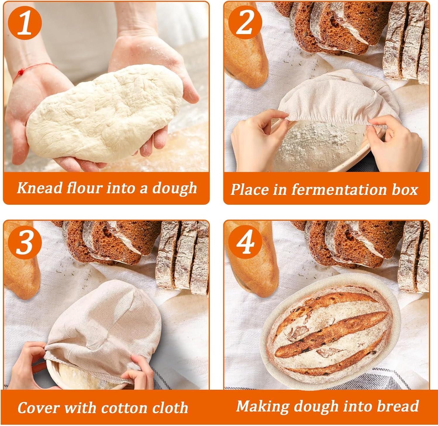 10 inch Oval Banneton Bread Proofing Basket Sourdough Bread Baking Supplies Set of 4 Sourdough Starter Kit Baking Bowl Gifts for Mom Wife - Image 4
