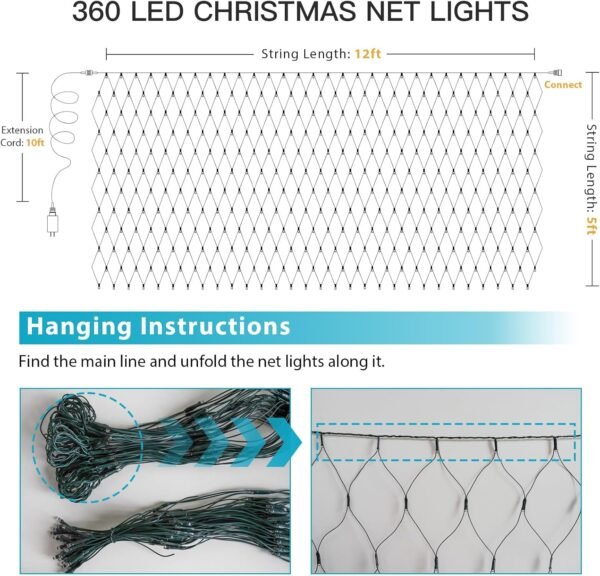 suddus 360 LED Christmas Net Lights, Net Lights Outdoor Mesh Lights,12ft x 5ft String Lights with Remote Waterproof Connectable Green Wire for Bushes, Hedge, Trees, Fence, Multicolor - Image 3