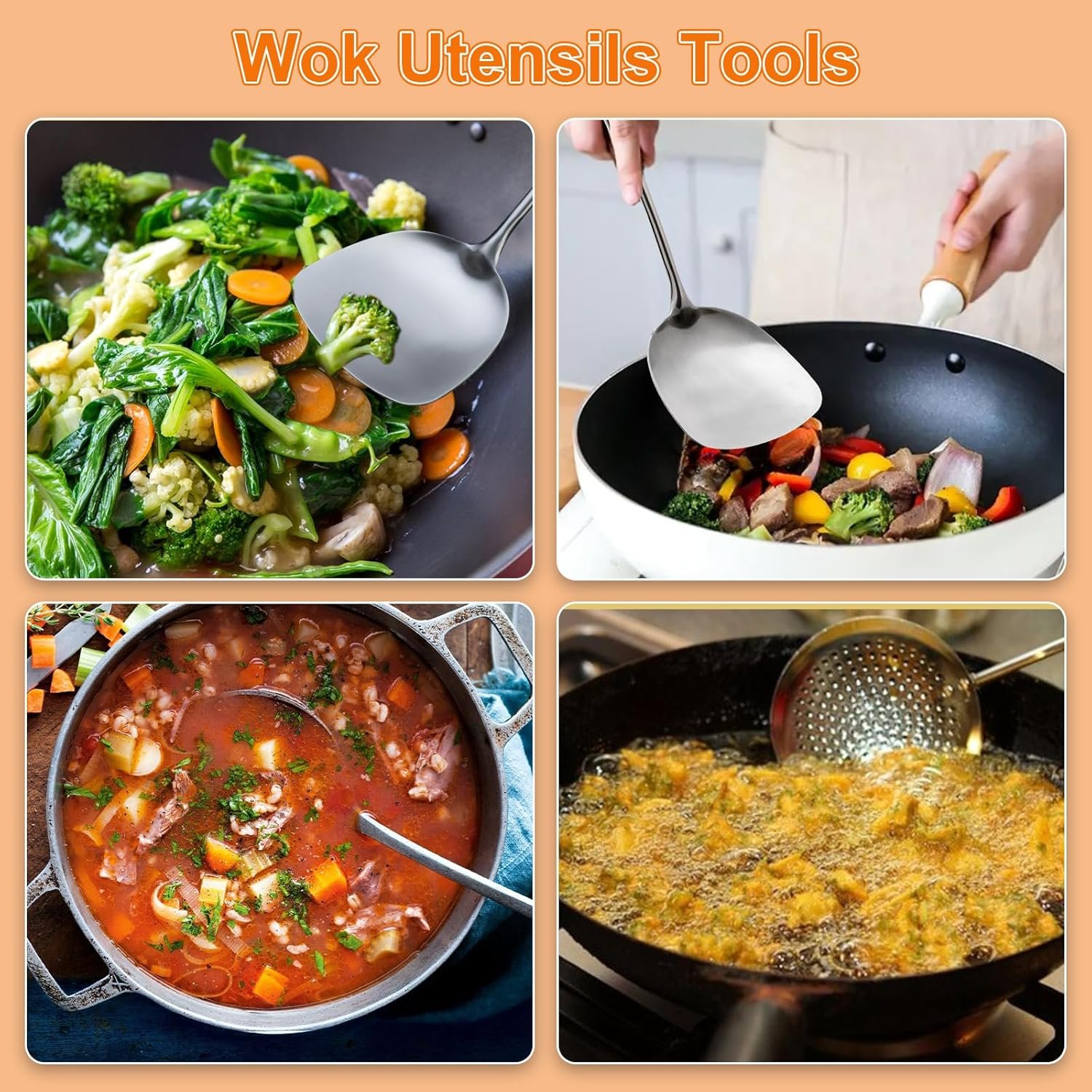 FJNATINH 6-Pieces 304 Stainless Steel Wok Spatula Set,Cooking Utensil Set,Soup Ladle Colander,Nonstick Kitchen Cooking Utensils Set with Spatula,Kitchenware Tools - Image 8