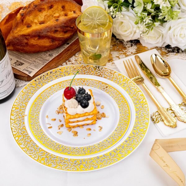 bUCLA 350PCS Gold Plastic Dinnerware Set for 50 Guests - Gold Plastic Plates Disposable for Party Include 100 Plates,50 Forks, 50 Knives, 50 Spoons,50 Cups,50 Napkins for Thanksgiving - Image 5