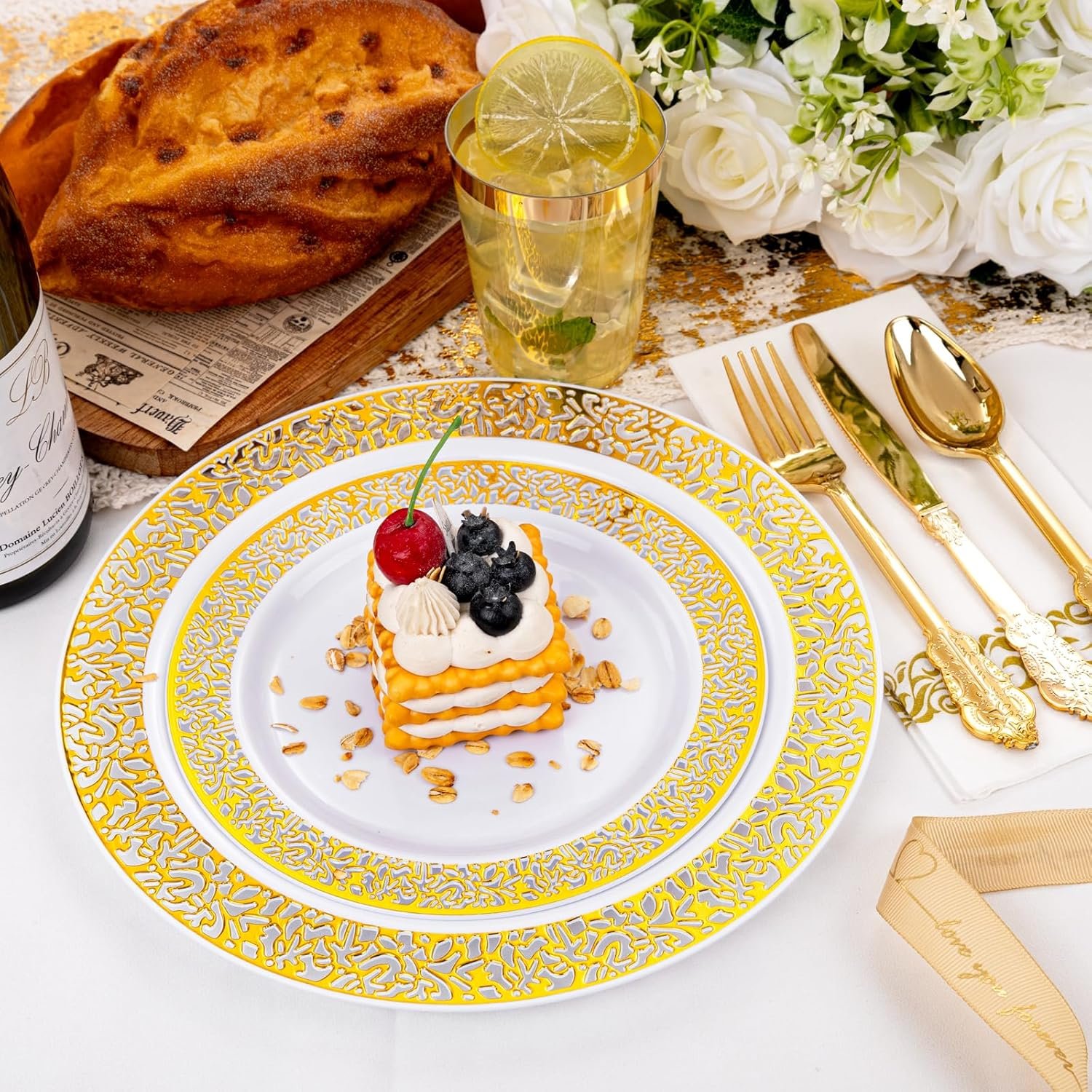bUCLA 350PCS Gold Plastic Dinnerware Set for 50 Guests - Gold Plastic Plates Disposable for Party Include 100 Plates,50 Forks, 50 Knives, 50 Spoons,50 Cups,50 Napkins for Thanksgiving - Image 5