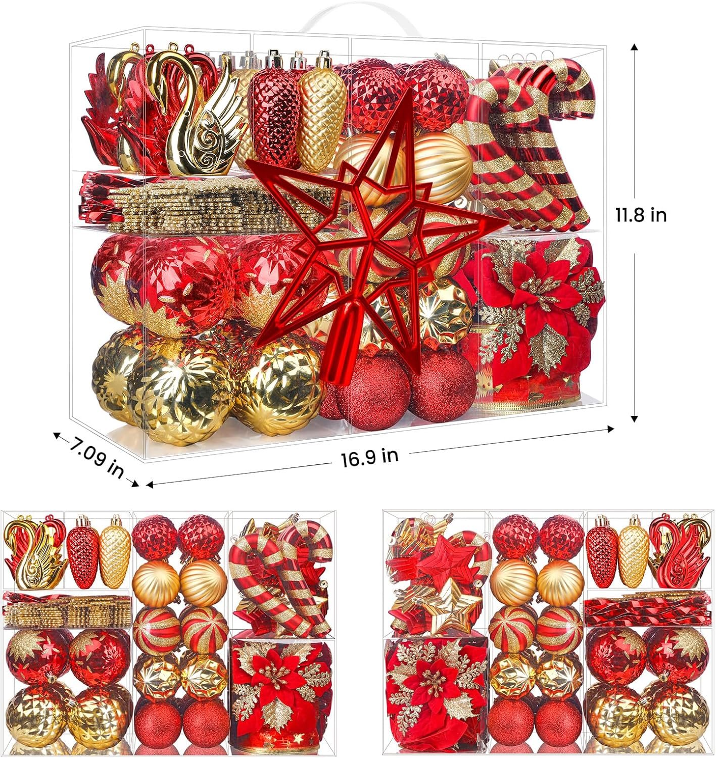 128pcs Christmas Balls Ornaments Set, Shatterproof Plastic Baubles Christmas Flowers, Ribbon and Tree Topper for Xmas Tree Holiday Wedding Party Decorations with Hanging Strings, Red and Gold - Image 4
