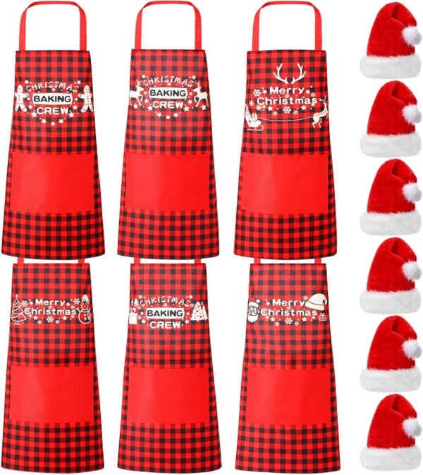 12 Pcs Christmas Aprons and Hats Sets Christmas Aprons with Pockets Adjustable Baking Aprons Include 6 Pcs Different Plaid Aprons and 6 Pcs Santa Hats for Women Men Waterproof Bib Aprons - Image 2