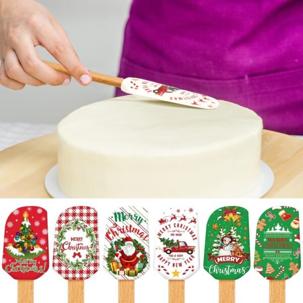 Patelai Christmas Silicone Spatula Xmas Cake Spatula with Wooden Handle Snowmen Pancake Spatula Cute Pan Scraper Xmas Dish Scraper Cooking Spatulas for Kitchen Mixing Cooking (Cute Style,6 Pieces) - Image 7