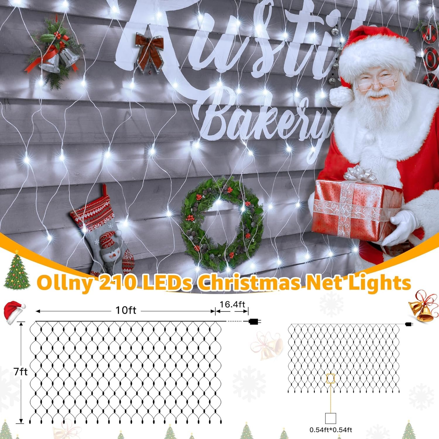 Ollny Net Lights Outdoor Mesh Lights 210LED 10x7ft, IP67 Waterproof Connectable Christmas Net Lights, 8 Modes Plug in Bush Lights for Tree Shrubs Outside Indoor Decorations, Cool White - Image 4