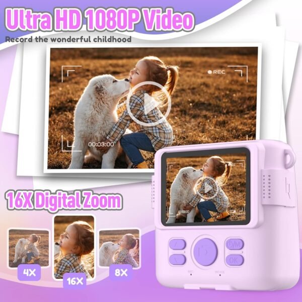 Instant Print Camera for Kids, Christmas Birthday Gifts for Girls Boys, HD Digital Video Cameras for Toddler, Portable Toy for 4 5 6 7 8 9 10 Year Old Girl with 32GB SD Card-Purple - Image 5