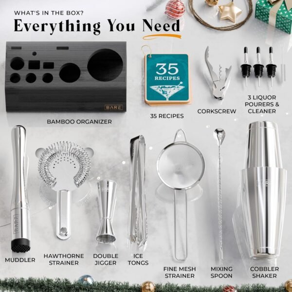 BARE BARREL® Mixology Bartender Kit Bar Set | 14-Piece Cocktail Shaker Set | Martini Barware Mixing Tools for Home Bartending | Incl. 35 Recipe Cards | Gift Set (28oz Boston Shaker, Silver/Black) - Image 5