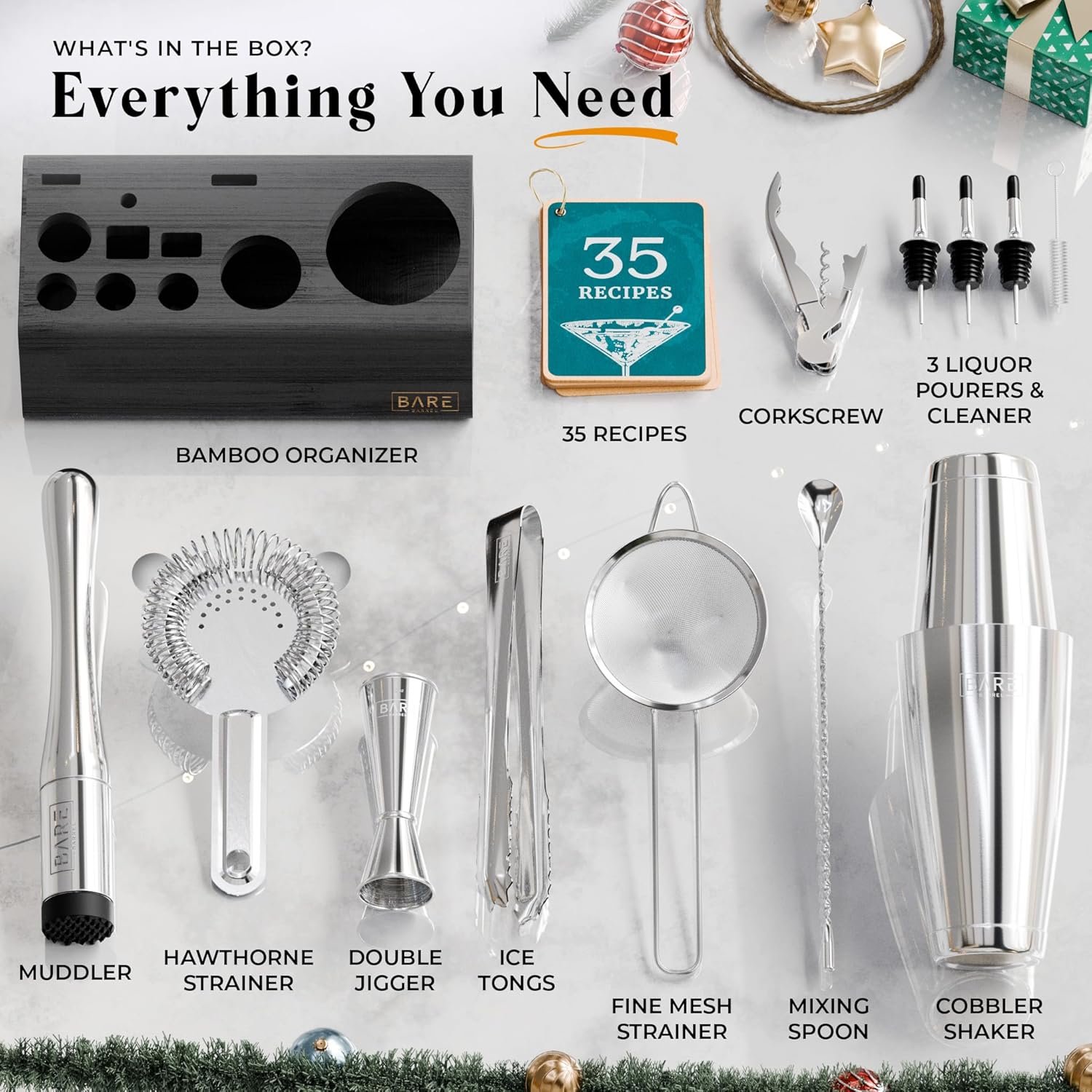 BARE BARREL® Mixology Bartender Kit Bar Set | 14-Piece Cocktail Shaker Set | Martini Barware Mixing Tools for Home Bartending | Incl. 35 Recipe Cards | Gift Set (28oz Boston Shaker, Silver/Black) - Image 5