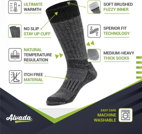 Alvada Warm Thermal Wool Socks for Winter Moisture Wicking and Breathable Cozy Boot Socks - Image 3