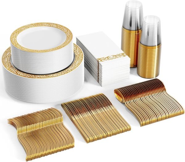 FOCUSLINE 350pcs Gold Dinnerware Set for 50 Guests, Gold Lace Plastic Plates Disposable Heavy Duty, Including 50 Dinner Plates, 50 Dessert Plates, 50 Cups, 50 Napkins, 50 Silverware Set - Image 2