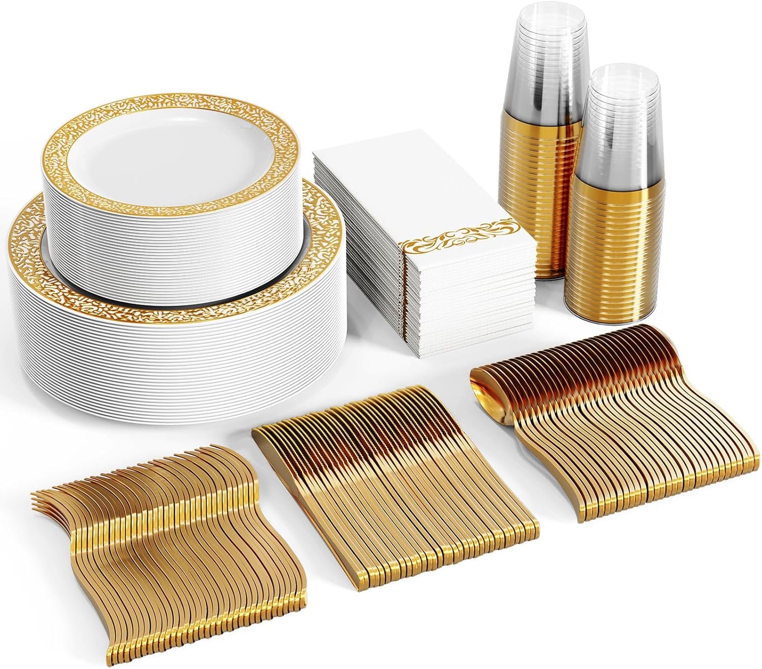 FOCUSLINE 350pcs Gold Dinnerware Set for 50 Guests, Gold Lace Plastic Plates Disposable Heavy Duty, Including 50 Dinner Plates, 50 Dessert Plates, 50 Cups, 50 Napkins, 50 Silverware Set - Image 2
