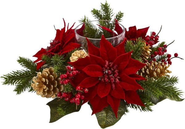 Nearly Natural Poinsettia, Berry and Golden Pine Cone Candelabrum Artificial Silk Arrangements Red 6"D x 14"W x 14"H - Image 2