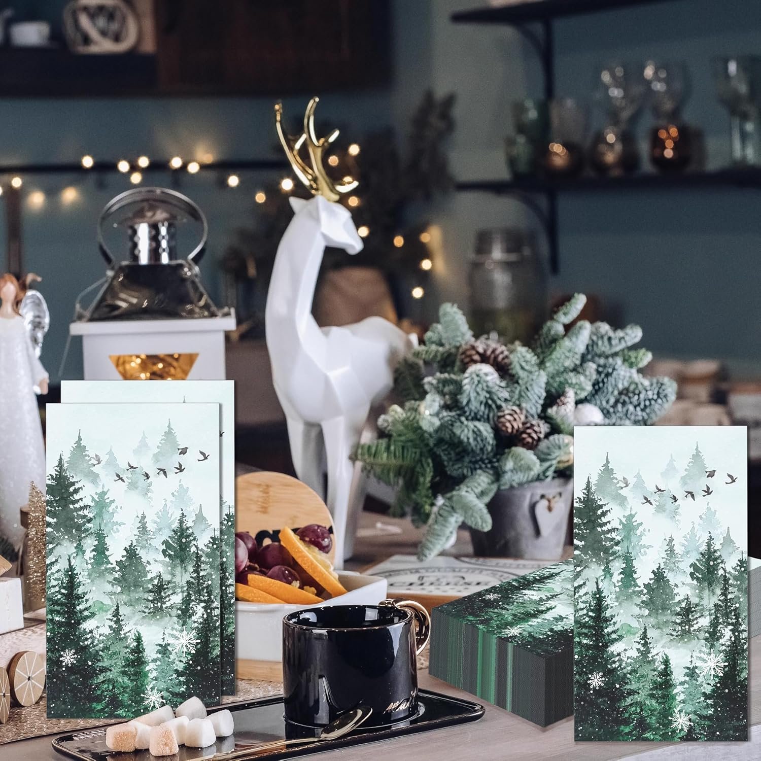100 Pack Green Misty Forest Paper Napkins Christmas Woodland Theme Disposable Lunch Dinner Napkins Decorative Guest Napkins for Xmas Seasonal Winter Holiday Home Kitchen Party Supplies (Misty Forest) - Image 9