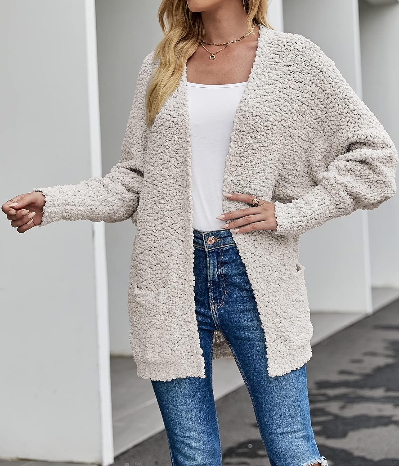 MEROKEETY Women's 2024 Winter Fuzzy Popcorn Batwing Sleeve Cardigan Knit Oversized Sherpa Sweater Coat - Image 4