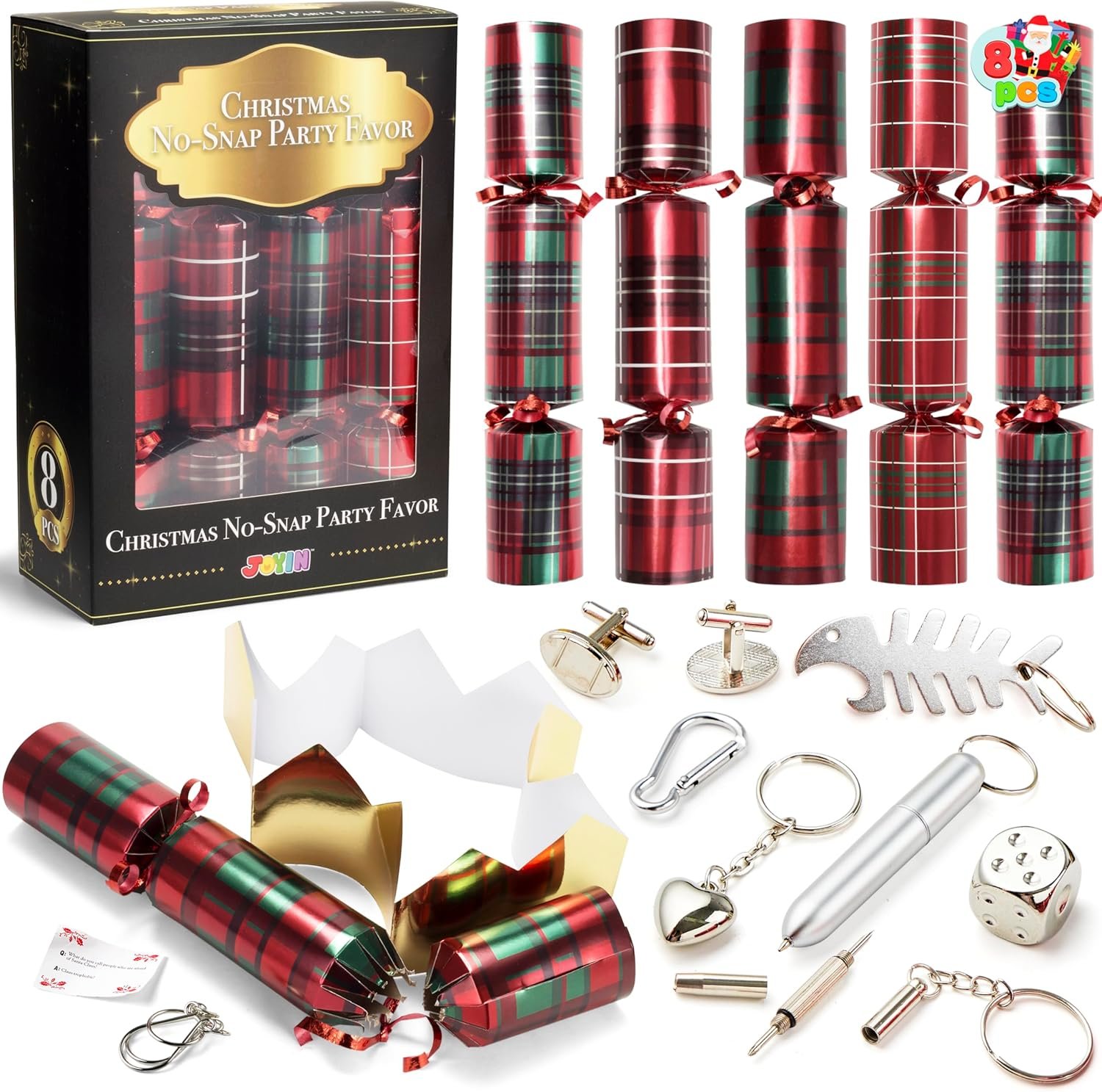 JOYIN 8 Pack Christmas Non-Snap Party Favor, Red Check Plaid Party Table Favor Includes Party Hat, Jokes & Gifts, Xmas Gifts Prizes for Christmas Holiday Dinner Traditions Party Supplies - Image 2