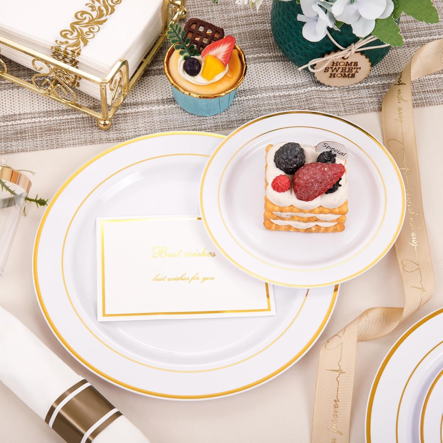 350Piece Thanksgiving Dinnerware Set for 50 Guests - Gold Plastic Plates with Disposable Cutlery Include:50Dinner Plates-50Dessert Plates-50Pre Rolled Napkins with Gold Silverware - Image 6