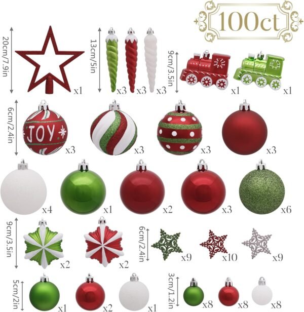 Valery Madelyn Christmas Ornaments Set, 100ct Red Green White Shatterproof Christmas Tree Decorations Variety Ball Ornaments Bulk, Whimsical Hanging Ornaments for Xmas Trees Holiday Party Decor - Image 4