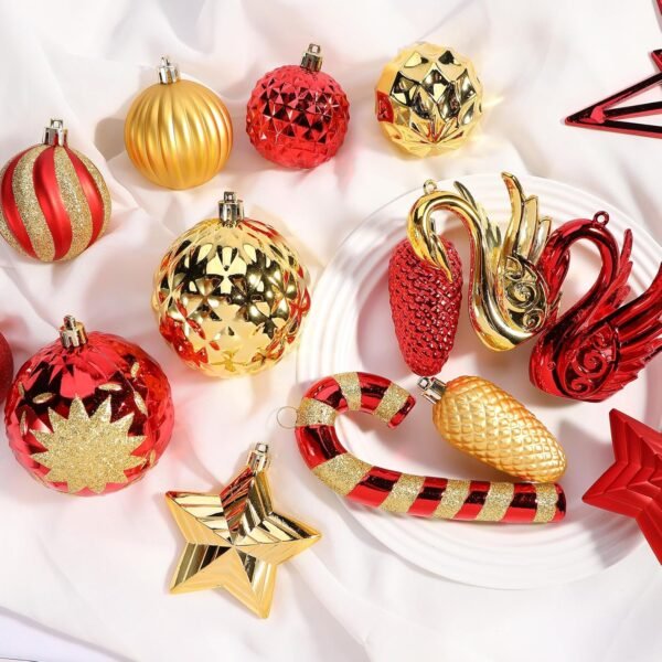 128pcs Christmas Balls Ornaments Set, Shatterproof Plastic Baubles Christmas Flowers, Ribbon and Tree Topper for Xmas Tree Holiday Wedding Party Decorations with Hanging Strings, Red and Gold - Image 11